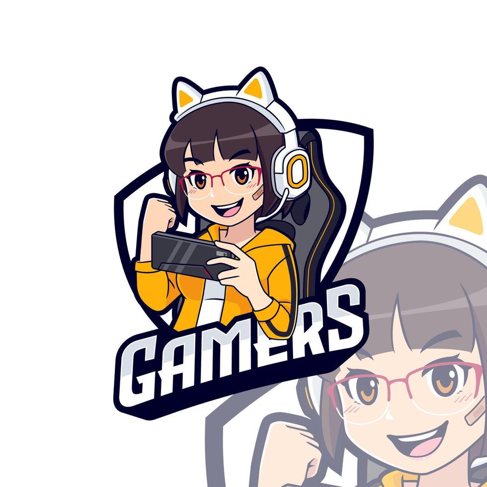 mignonne joueur personnage mascotte logo, banderole fille esport logo modèle vecteur