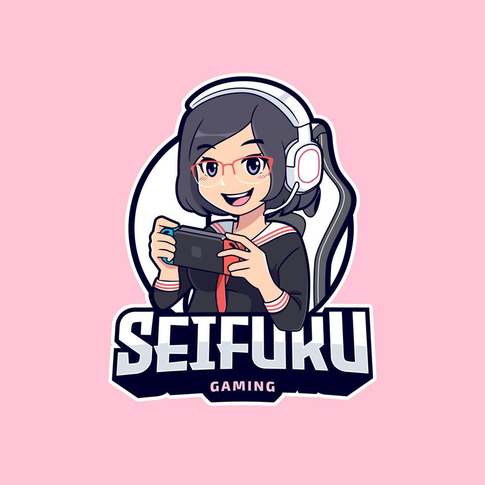 anime fille dessin animé personnages en jouant Jeux sur portable dispositif esport logo modèle vecteur