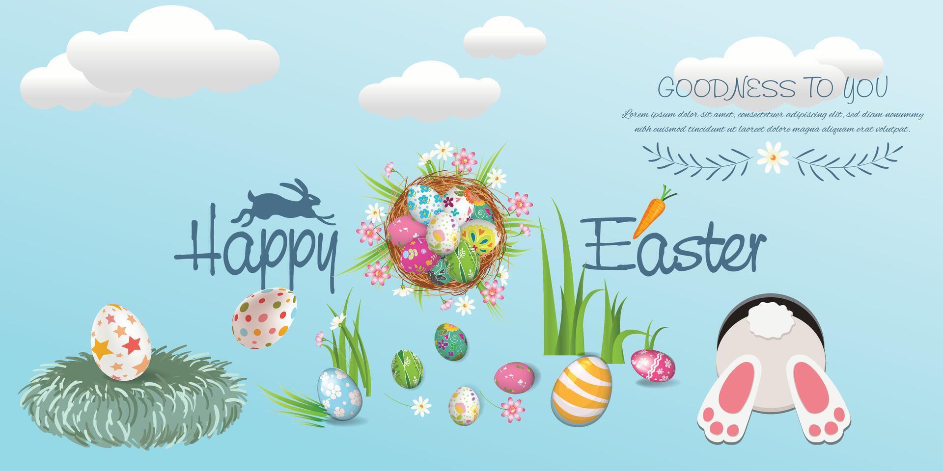 Pâques affiche avec lapin et nid de des œufs. salutations et cadeaux pour Pâques journée dans plat allonger style. promotion et achats modèle pour Pâques vecteur