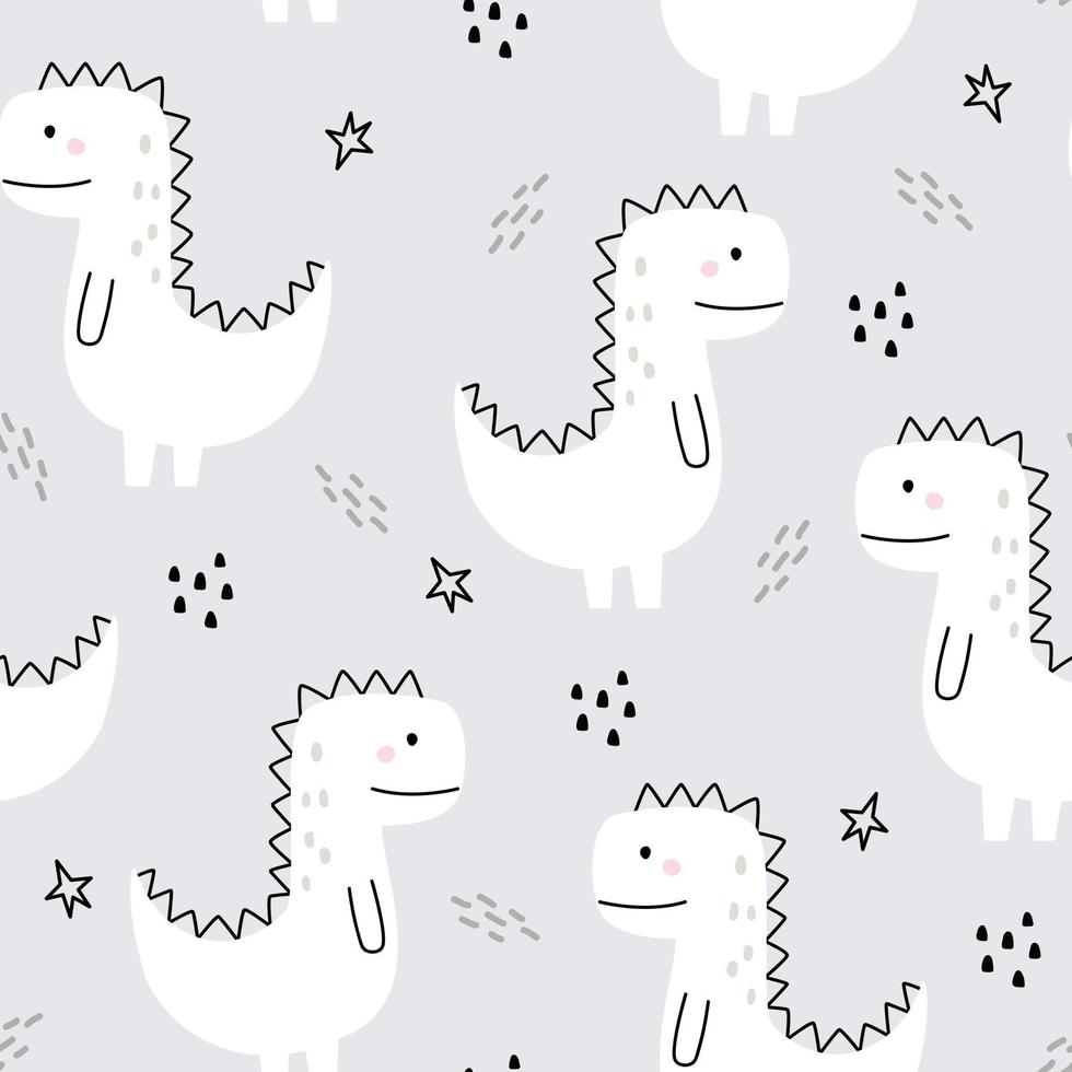 fond animal de dessin animé pour enfants dinosaure blanc motif vectoriel harmonieux dessiné à la main dans le style des enfants utilisé pour les impressions, papier peint décoratif, tissus, textiles.