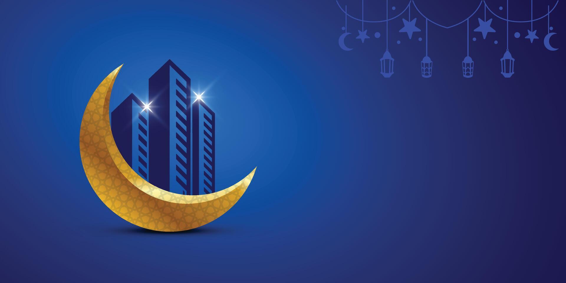 d'or décoratif Nouveau lune avec bâtiment sur foncé bleu islamique arrière-plan, eid et Ramadan concept pour construction, constructeur, développeur, ingénieur, civil ingénieur, logement, architecte conception vecteur