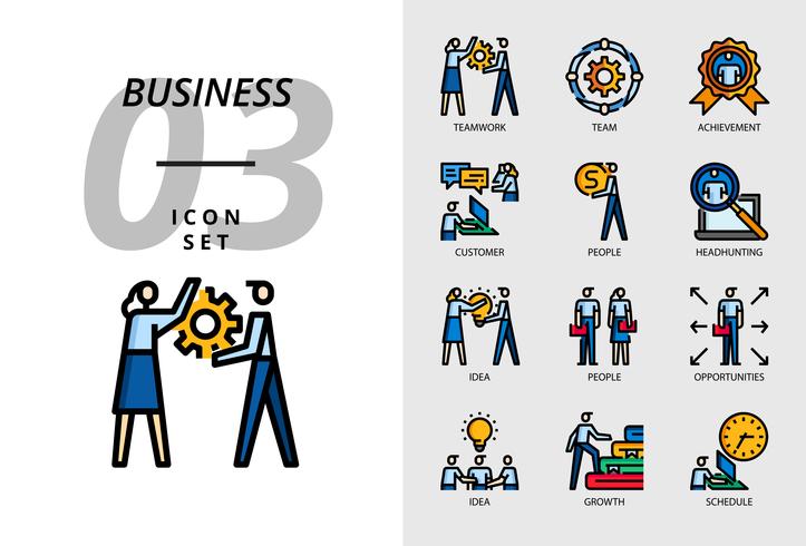 Pack d&#39;icônes pour les entreprises, le travail d&#39;équipe, l&#39;équipe, la réalisation, le client, les personnes, la recherche de tête, l&#39;idée, les personnes, les opportunités, la croissance, la croissance, le calendrier. vecteur