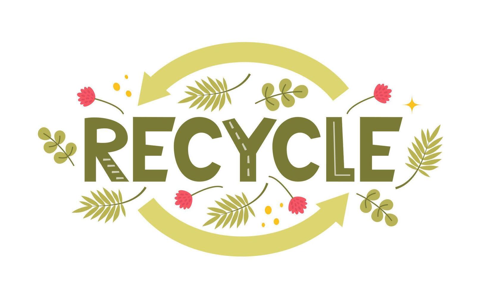 recycler caractères. moderne éco autocollant avec recycler signe, flèches et feuilles. concept de écologie, zéro déchets et durabilité. vecteur illustration.
