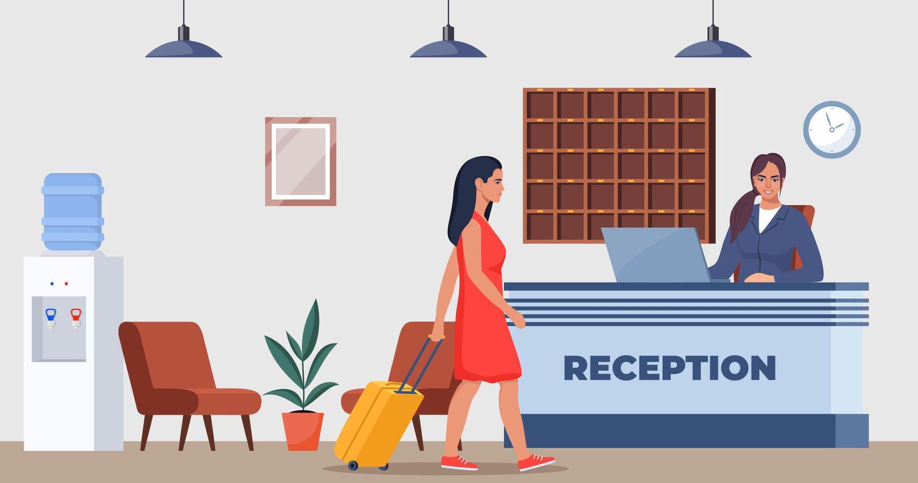 Hôtel lobby, réception. femme réceptionniste derrière le bureau, client avec bagages vérification dans. Hôtel en arrivant. tourisme, affaires voyage concept. intérieur de auberge. vecteur illustration.