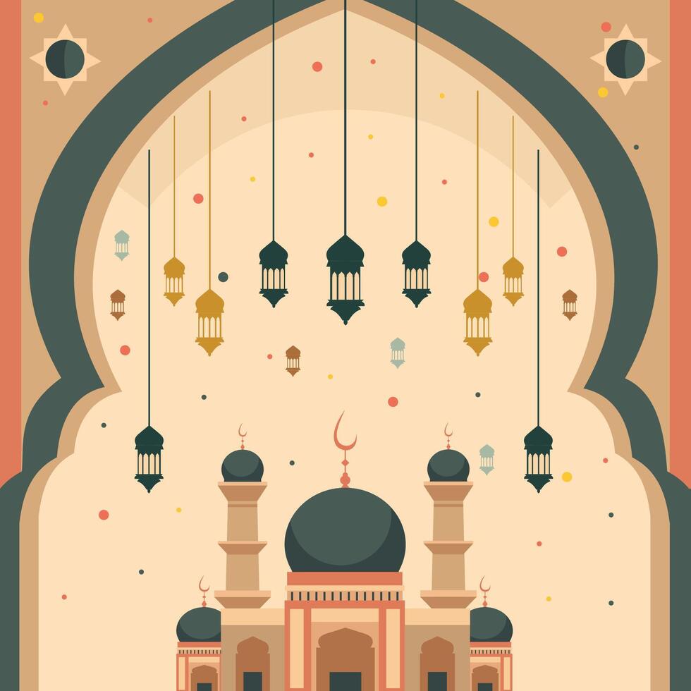 mosquée et lanterne islamique eid Al fitr Festival carte vecteur