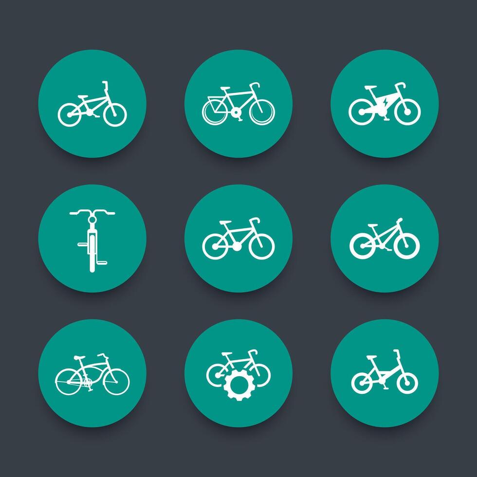 vélo, vélo, vélo, électrique vélo, fatbike rond vert Icônes ensemble, vecteur illustration