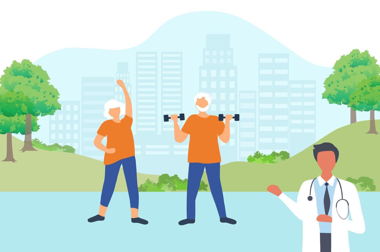 personnes âgées soins de santé concept, médecin suggérer Sénior gens à exercice pour en bonne santé la vie vecteur illustration