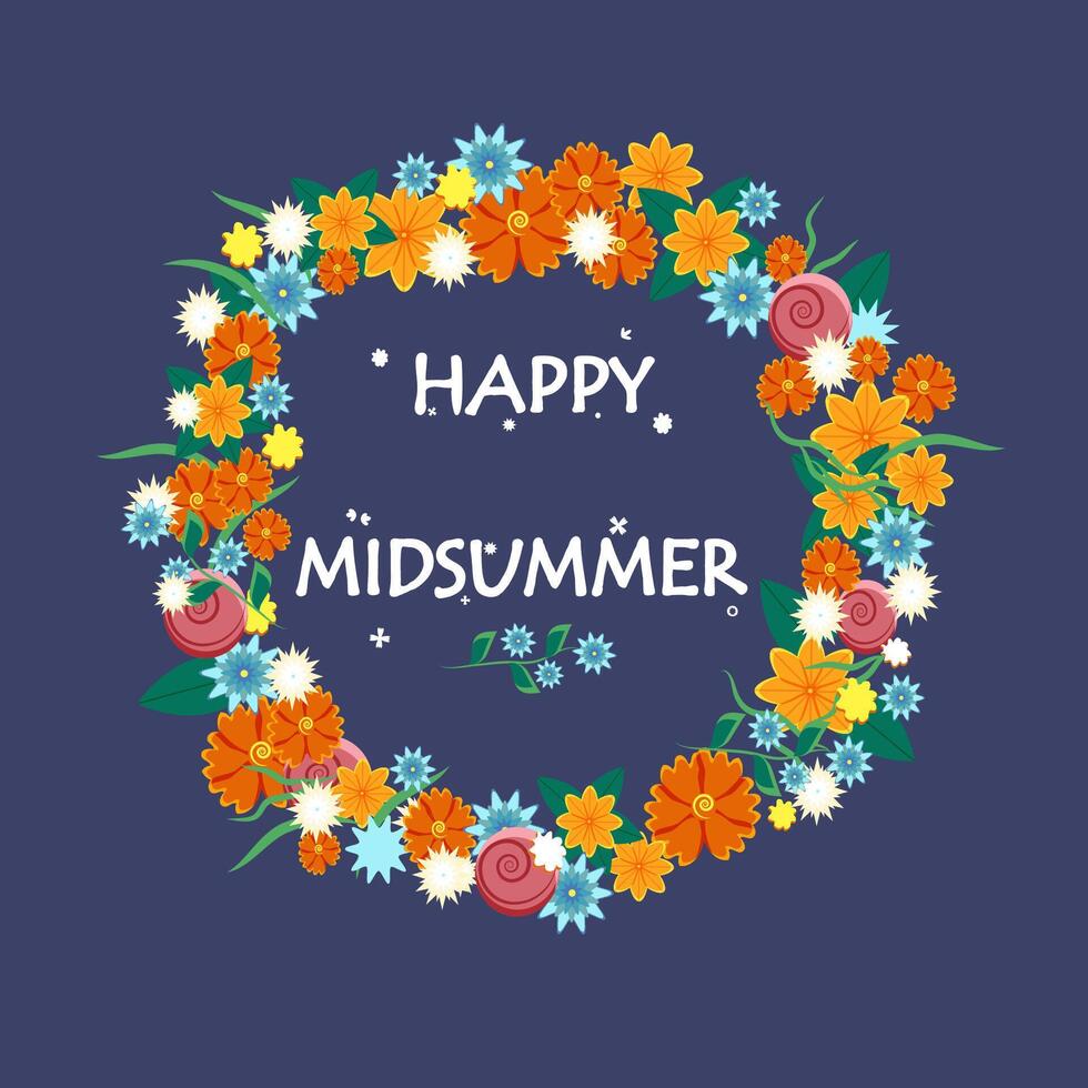 content plein été salutation affiche. floral couronne et caractères heureux milieu de l'été. modèle pour Suède le plus long été journée vacances bannière Contexte. vecteur illustration.