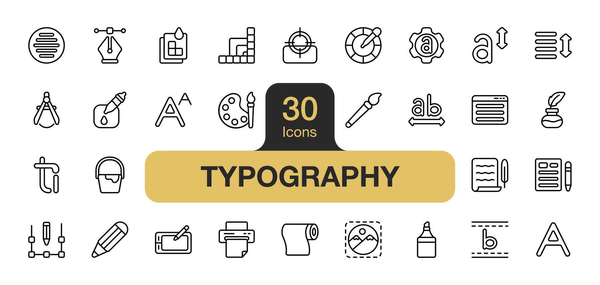 ensemble de 30 typographie icône élément ensemble. comprend peindre, encrer, stylo outil, Police de caractère, texte, ligature, et plus. contour Icônes vecteur collection.