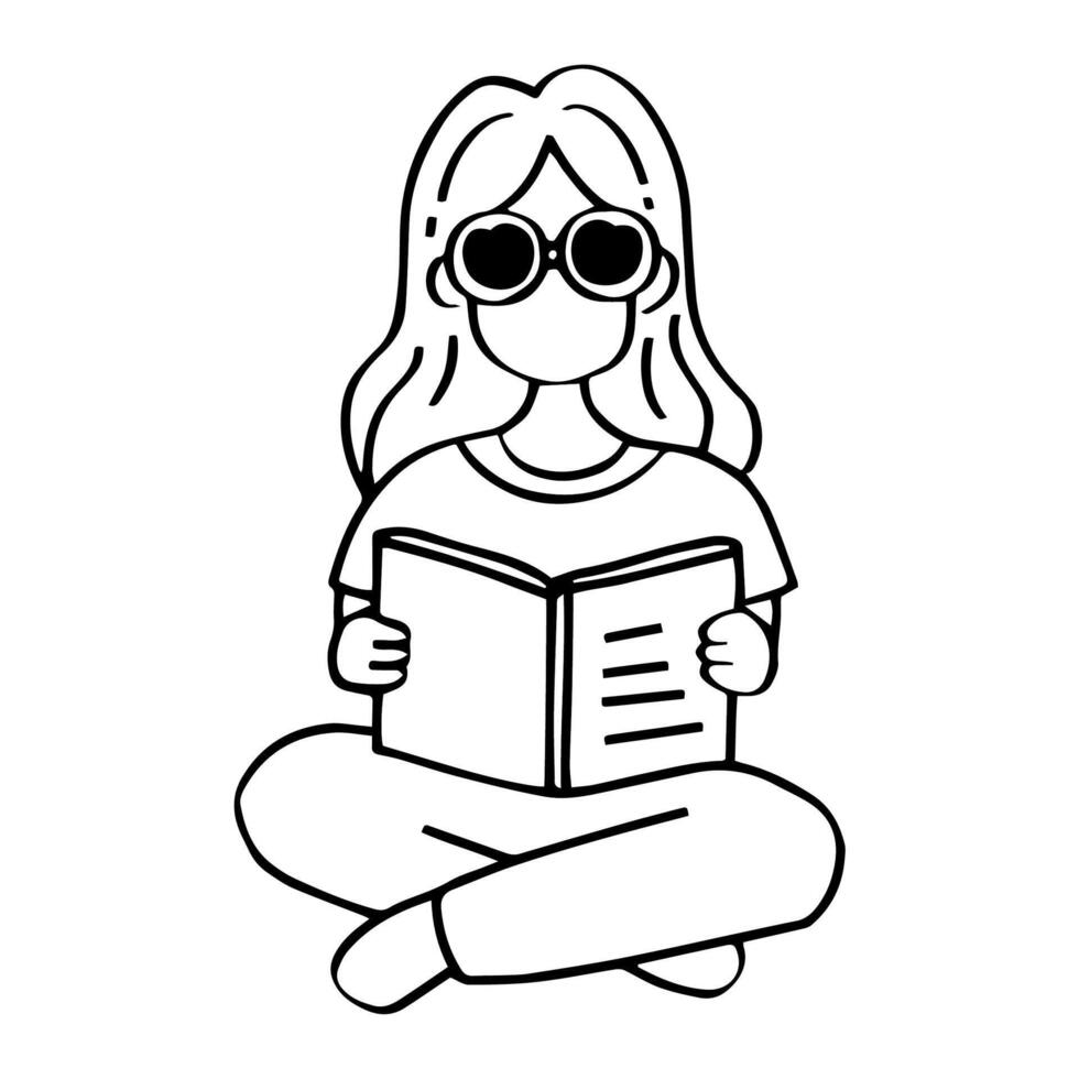 une femmes dans des lunettes de soleil est relaxant avec en train de lire une livre, capturer le essence de loisir et connaissance acquisition. Nouveau Ordinaire concept. contour vecteur