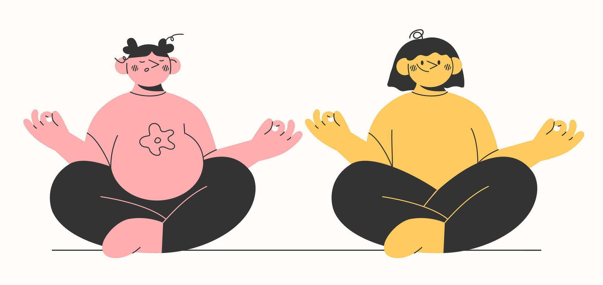 Jeune femme couple ou copains Faire prénatal yoga.le concept de maternité, égalité, tolérance à lgbt, parentalité yoga, amitié.main tiré dessin animé style caractères.vecteur illustration eps dix vecteur