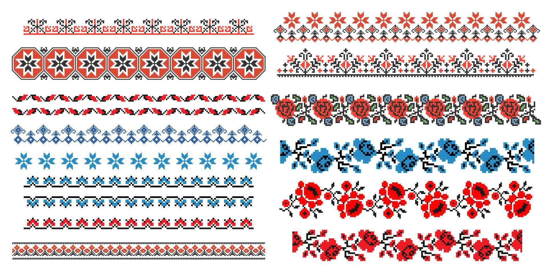 rouge et bleu couleurs ukrainien ornements, motifs, bordures dans pixel style vecteur