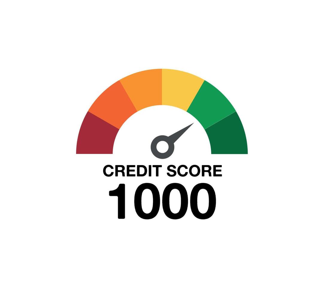 1000 crédit score. conception médidor de score. compteur de vitesse jauge indicateur ou client la satisfaction mesure graphique. vecteur