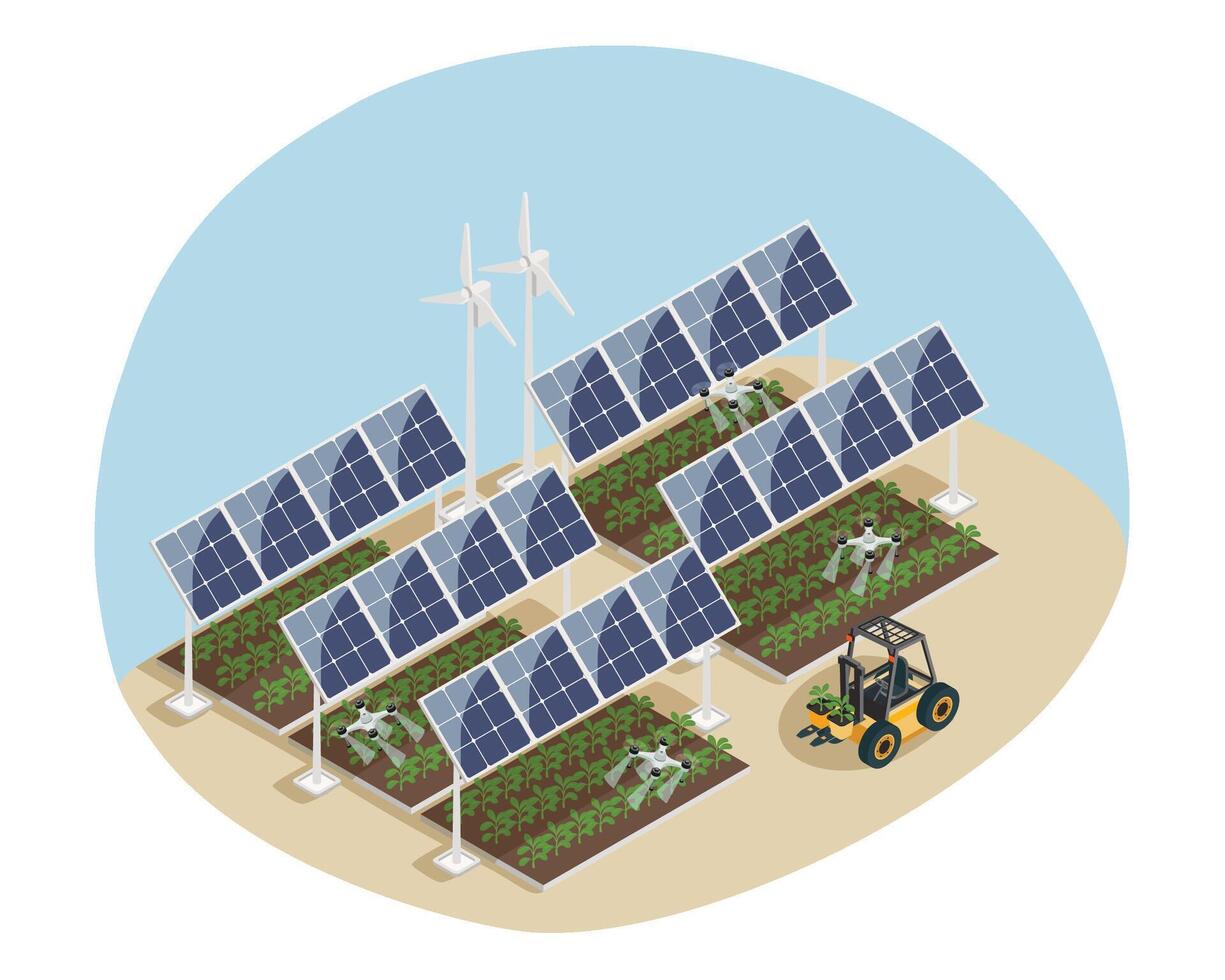 intelligent ferme avec vent turbines, solaire panneaux et agrodrones. isométrique vecteur illustration.