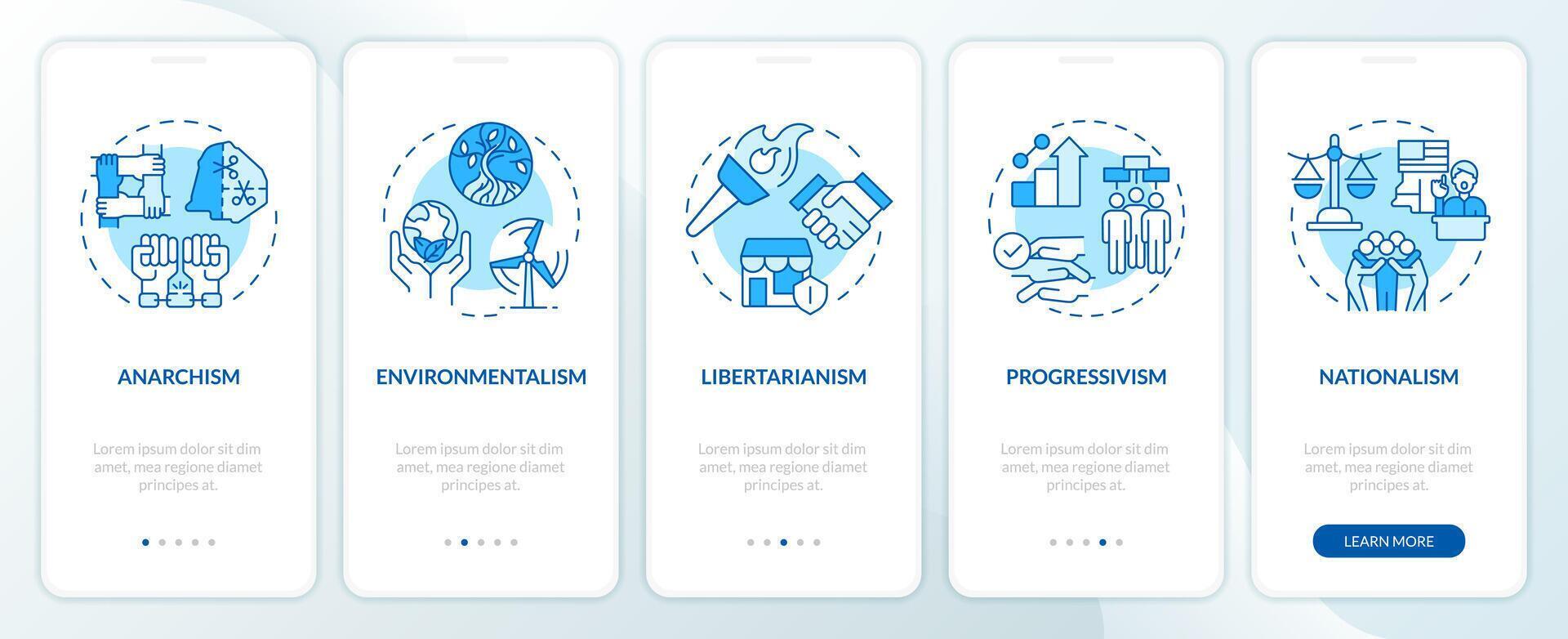 philosophique politique idéologies bleu l'intégration mobile app filtrer. procédure pas à pas 5 pas modifiable graphique instructions avec linéaire concepts. interface utilisateur, ux, gui modèle vecteur