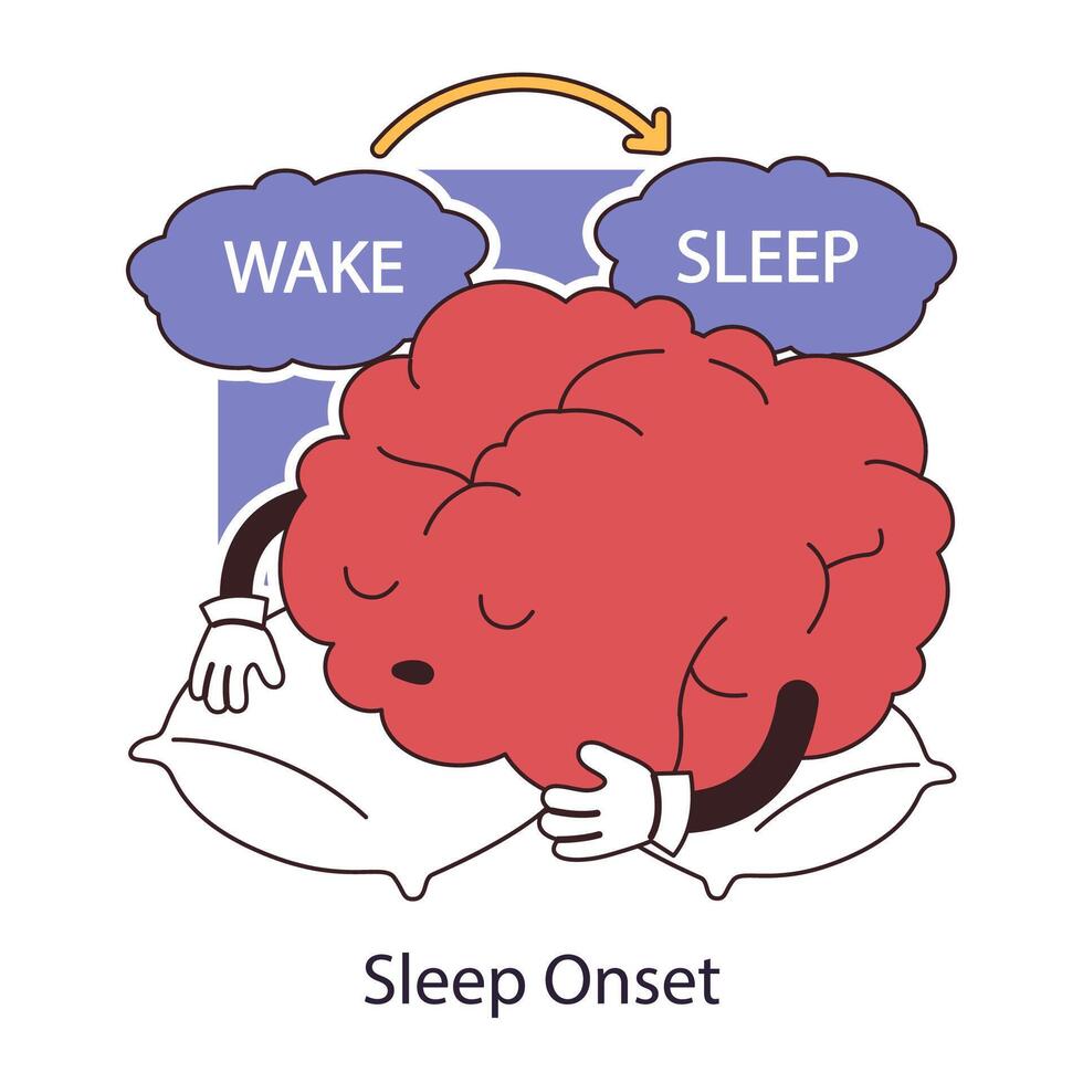 sommeil début. transition entre réveiller et dormir. cerveau niché sur une oreiller vecteur