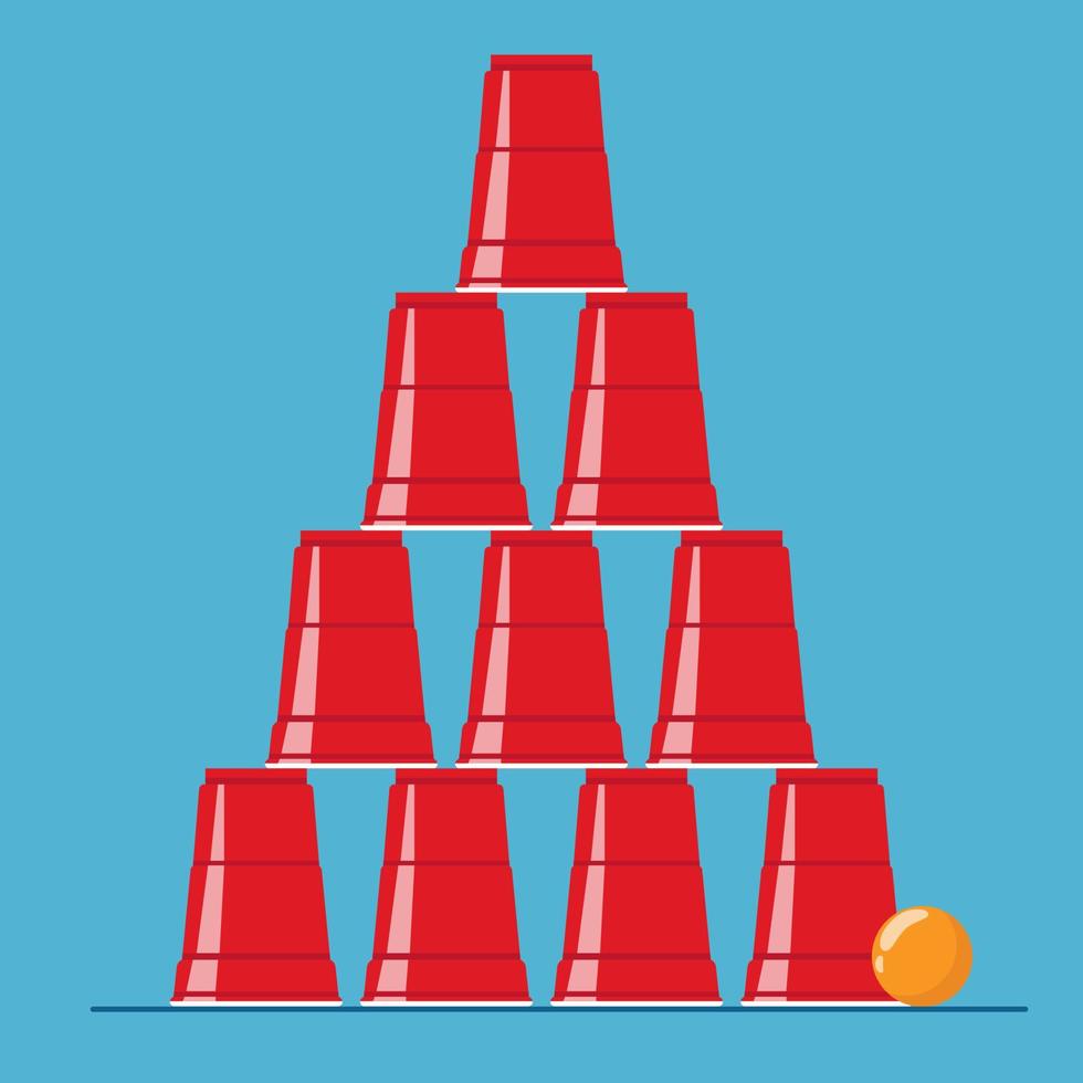 illustration de pyramide de bière pong rouge. gobelets et balles en plastique. jeu à boire de fête traditionnel. vecteur