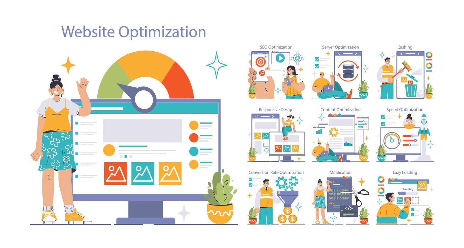 site Internet optimisation ensemble. plat vecteur illustration.