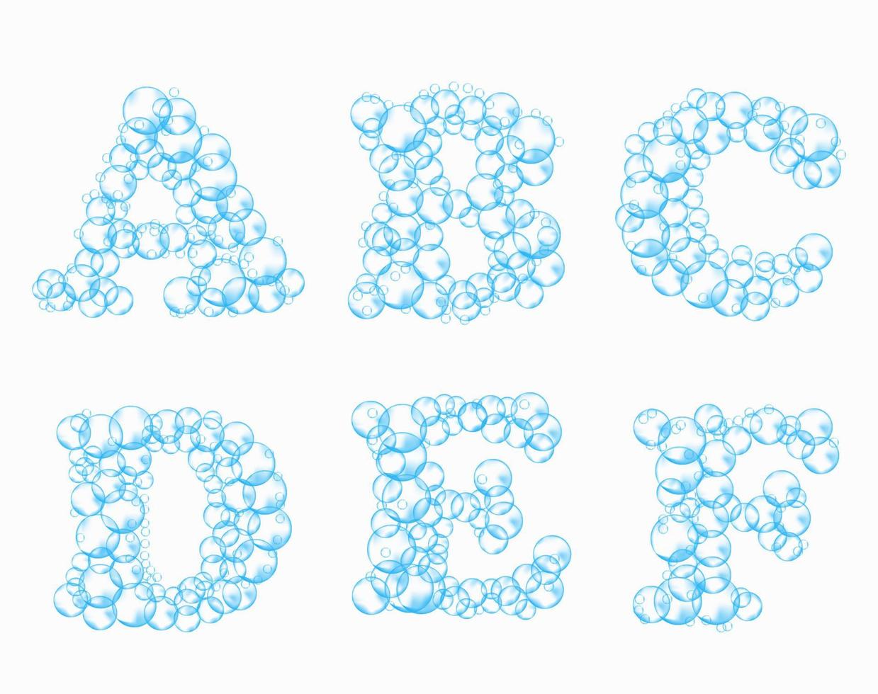 alphabet de bulles de savon. eau mousse lettres a, b, c, d, e, f. police vectorielle réaliste isolée sur fond blanc vecteur