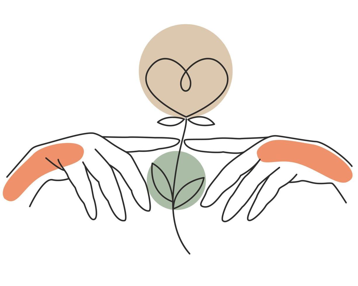 deux mains touchant les doigts et une fleur sous la forme d'un dessin au trait coeur vecteur