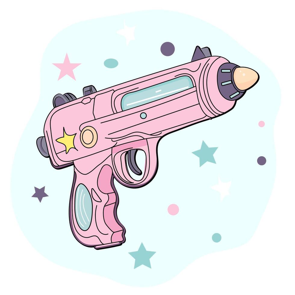 main tiré dessin animé kawaii rose espace rayon pistolet vecteur