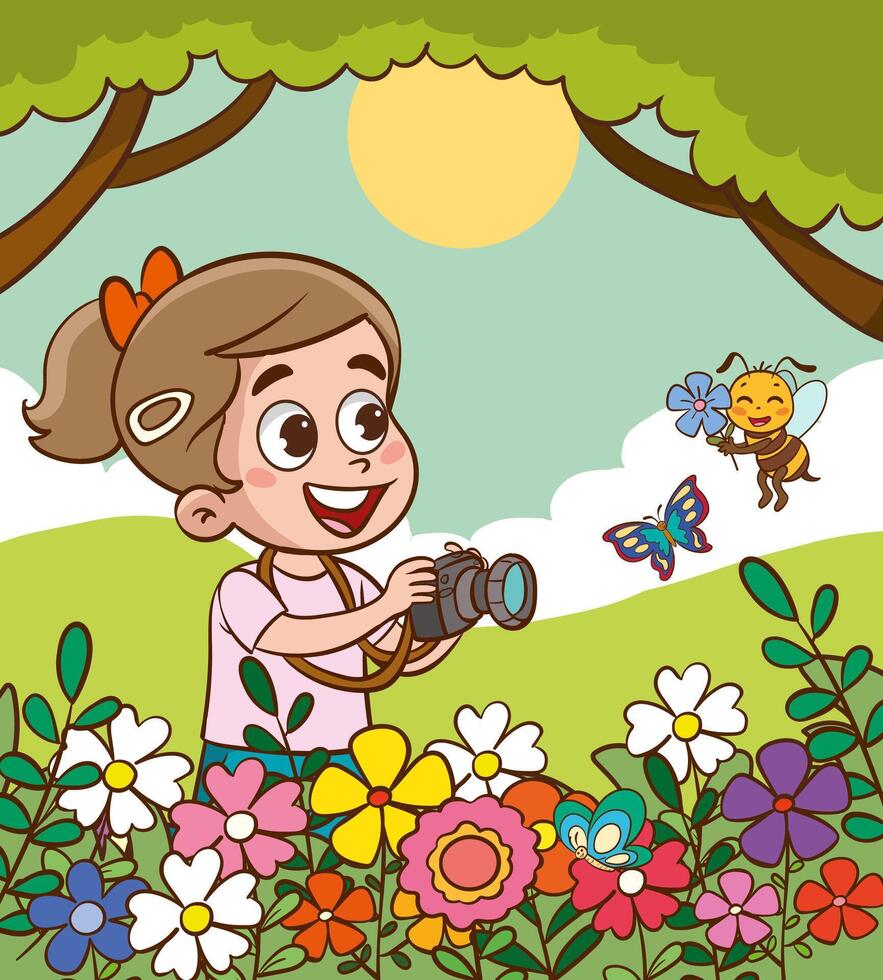 mignonne des gamins personnage avec caméra photographier nature.enfants prise photo et Nautre dessin animé vecteur