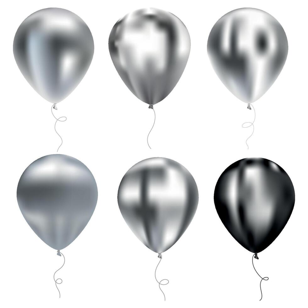 métal hélium des ballons ensemble. vecteur gonflable en volant des ballons dans argent chrome Couleur avec ombres et faits saillants, vecteur illustration isolé sur une blanc Contexte.