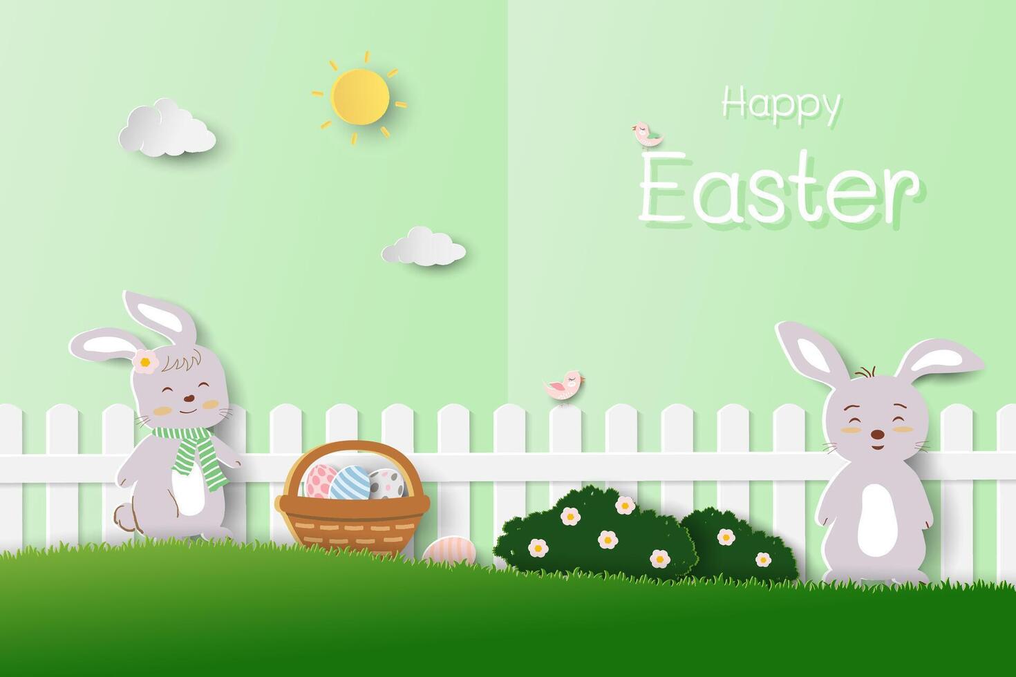 Pâques journée salutation carte avec mignonne lapin et Pâques des œufs dans le jardin, papier Couper et artisanat style vecteur