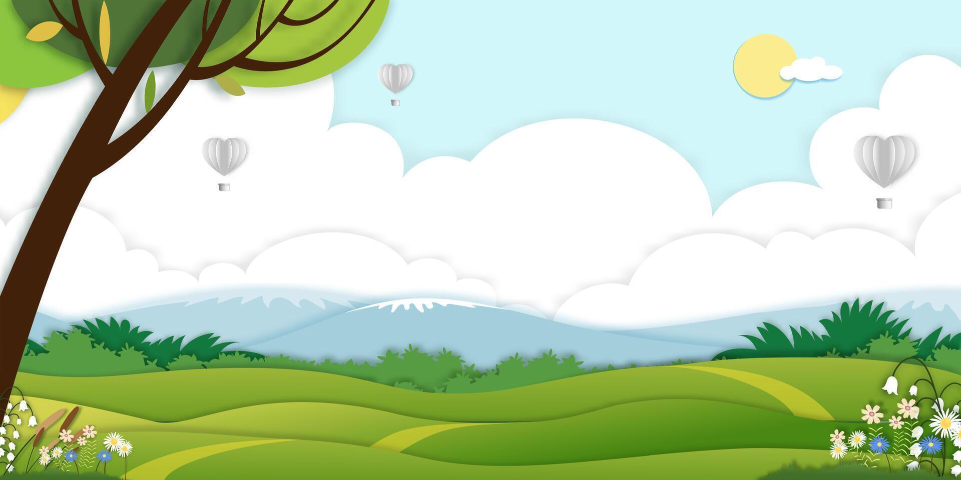 printemps vert champ paysage avec montagne,nuage couche, chaude air des ballons cœur en volant sur bleu ciel arrière-plan, panorama papier art été rural la nature avec vert herbe land.cartoon vecteur illustration