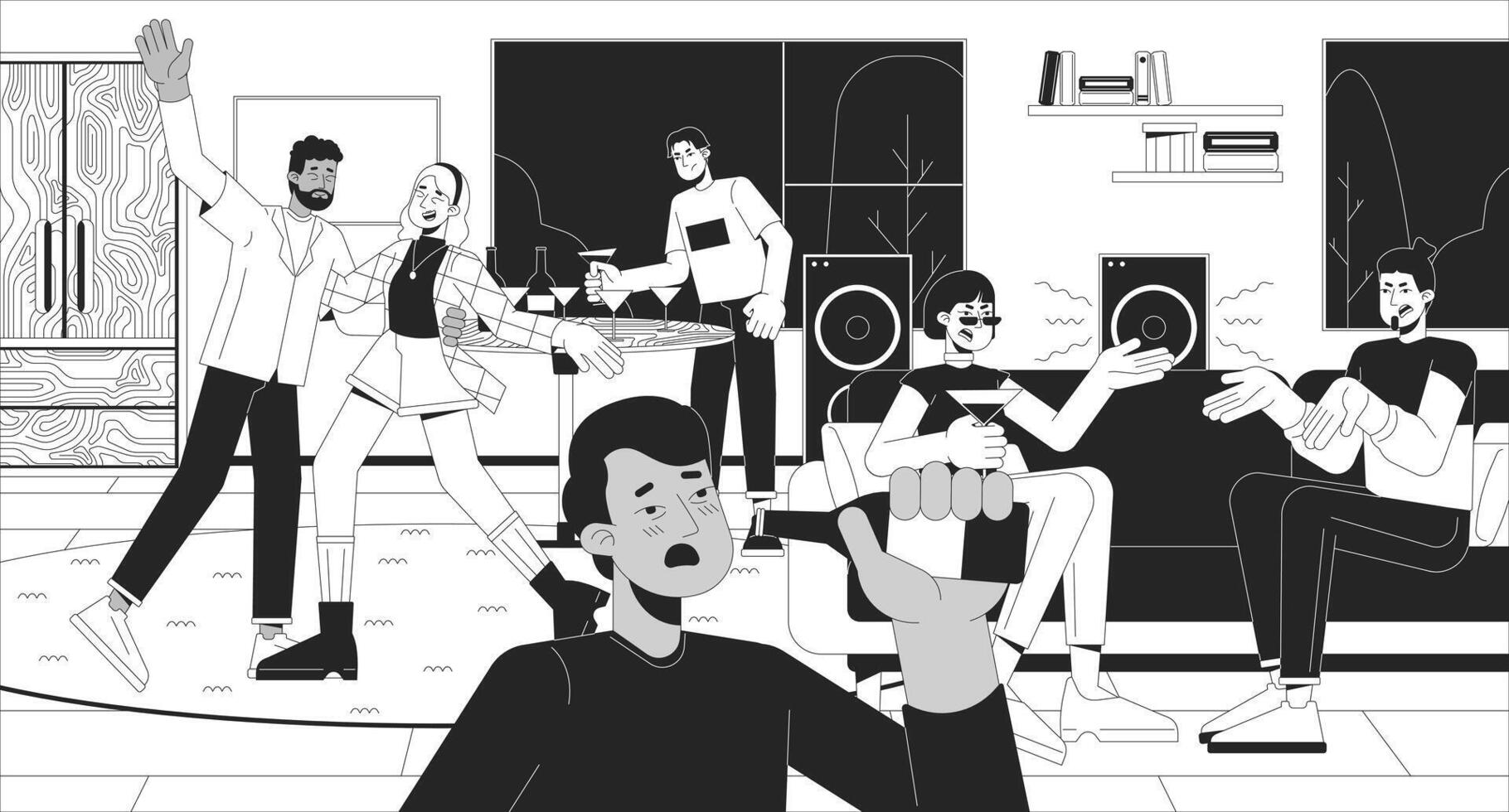 de l'alcool abuser de à Accueil fête noir et blanc ligne illustration. ivre invités interagir 2d personnages monochrome Contexte. problèmes avec boire trop à vacances contour scène vecteur image