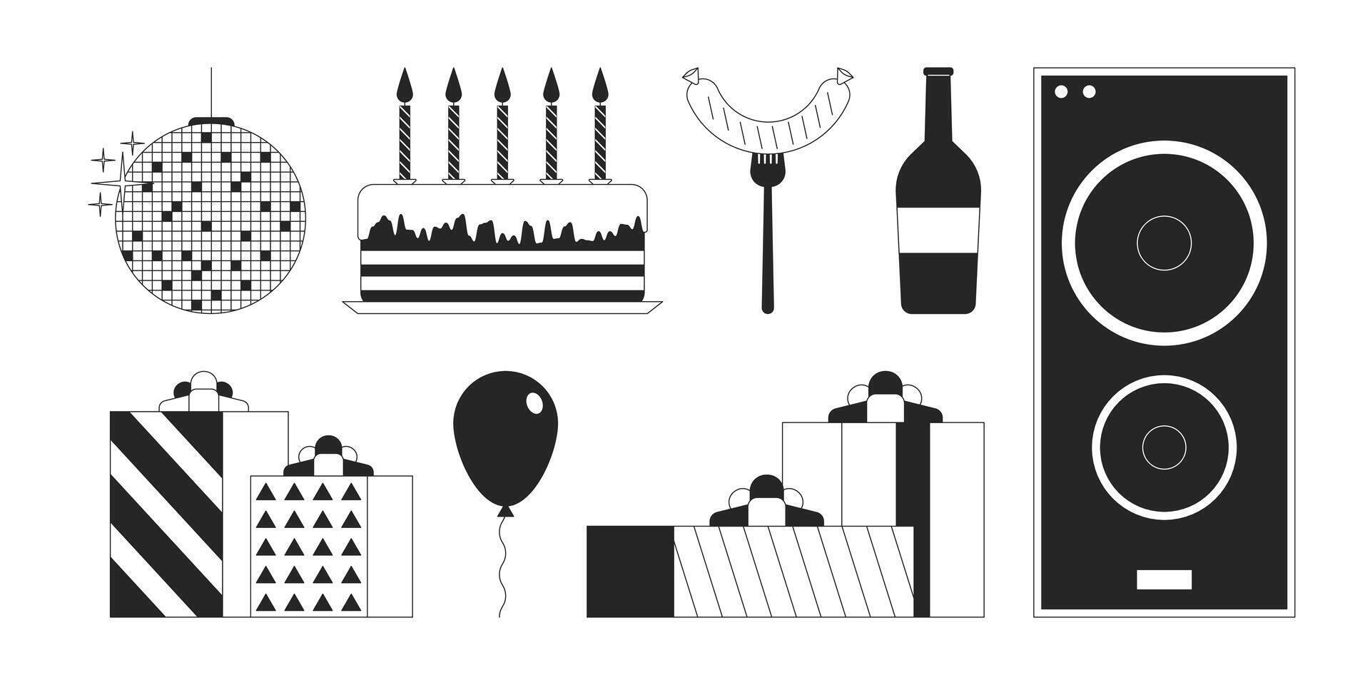 anniversaire fête fête noir et blanc 2d ligne dessin animé objets ensemble. Accueil décor, nourriture et divertissement isolé vecteur contour articles collection. vacances un événement monochromatique plat place des illustrations