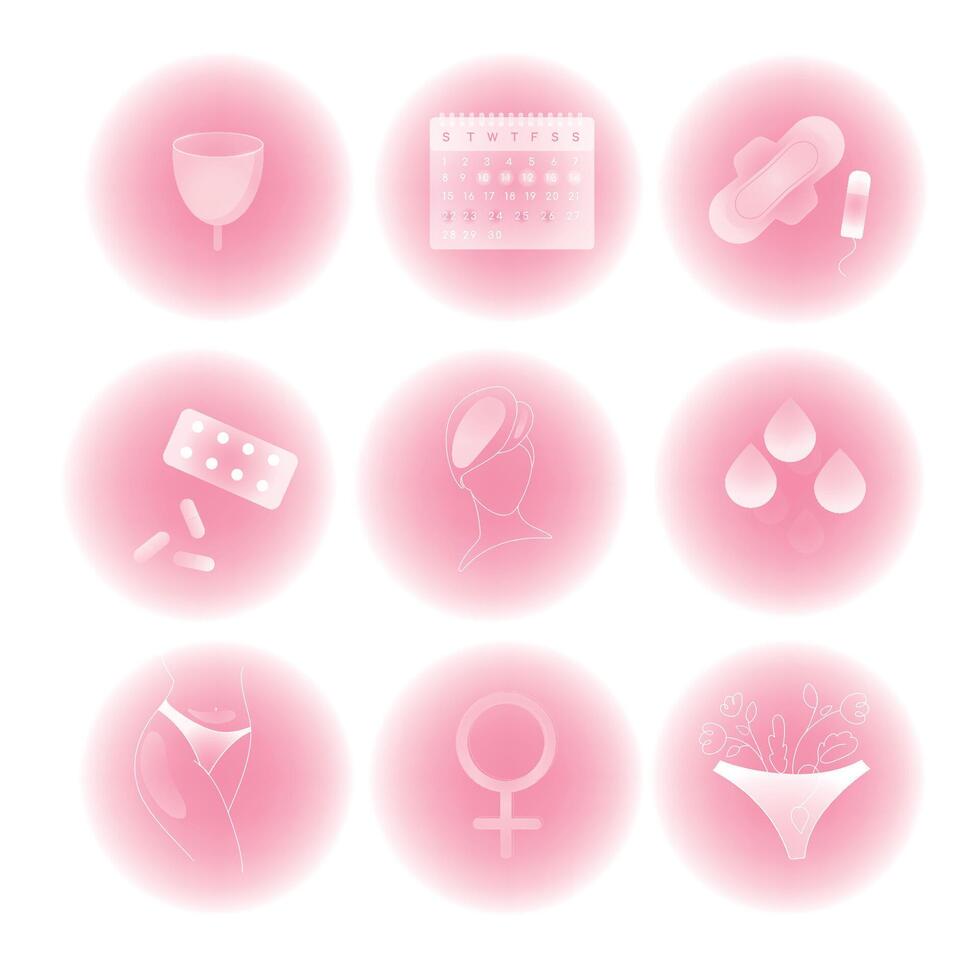 menstruation et féminin hygiène icône ensemble. mensuel menstruel cycle, ligne et transparent verre conception. linéaire symboles avec femelle corps se soucier des produits. Icônes, boutons, emblèmes, collection.vecteur vecteur