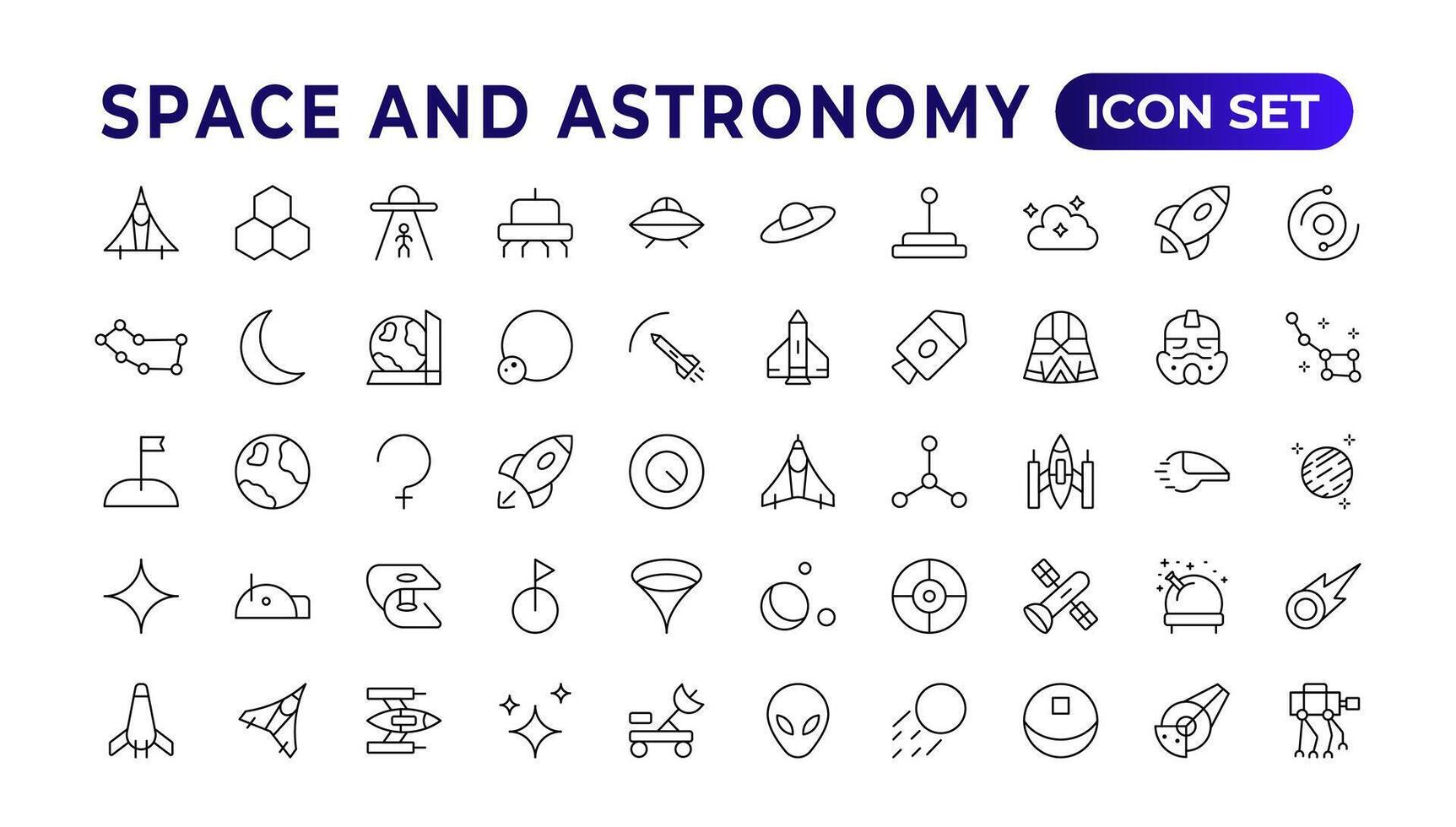 astronomie icône ensemble. contenant satellites, le univers, astronautes, fusée, comète, télescopes, et planète icônes.espace vecteur ligne Icônes, mince ligne style. contient tel Icônes comme espace, planètes, extraterrestre,