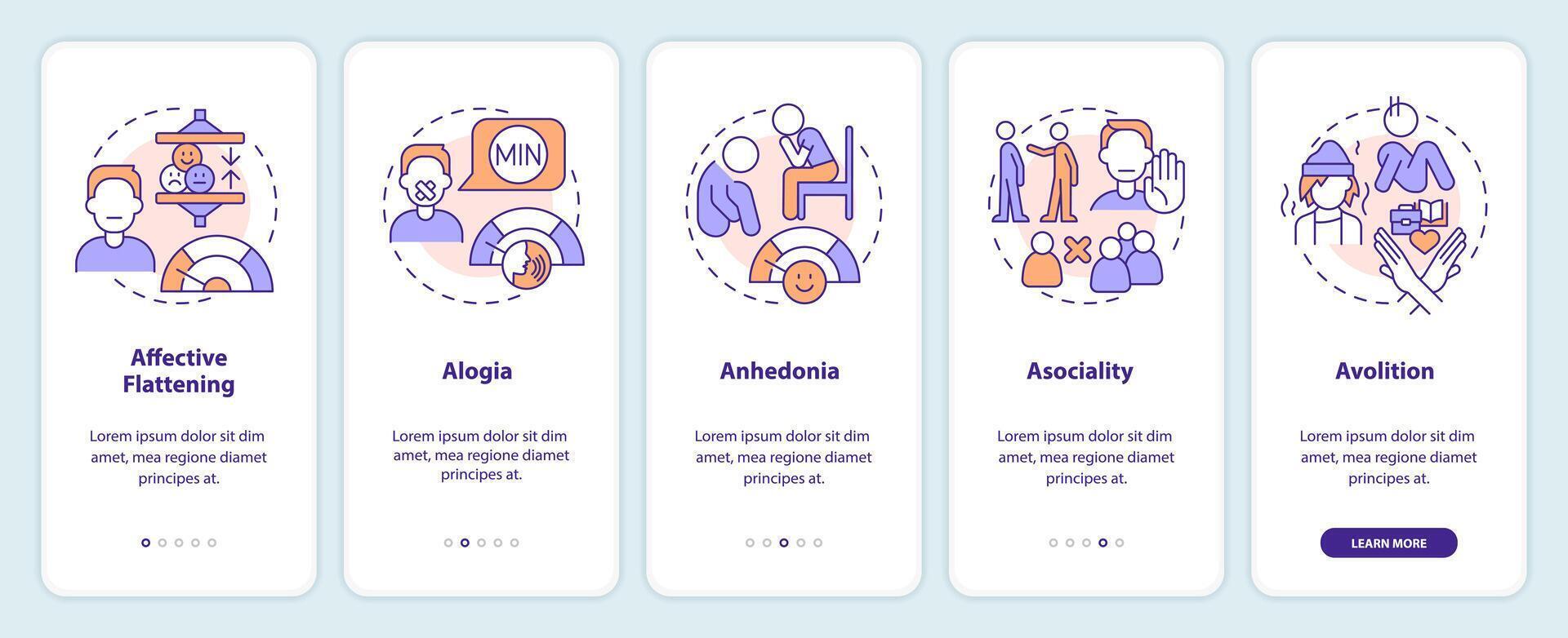 schizophrénie négatif symptômes l'intégration mobile app filtrer. procédure pas à pas 5 pas modifiable graphique instructions avec linéaire concepts. interface utilisateur, ux, gui modèle vecteur