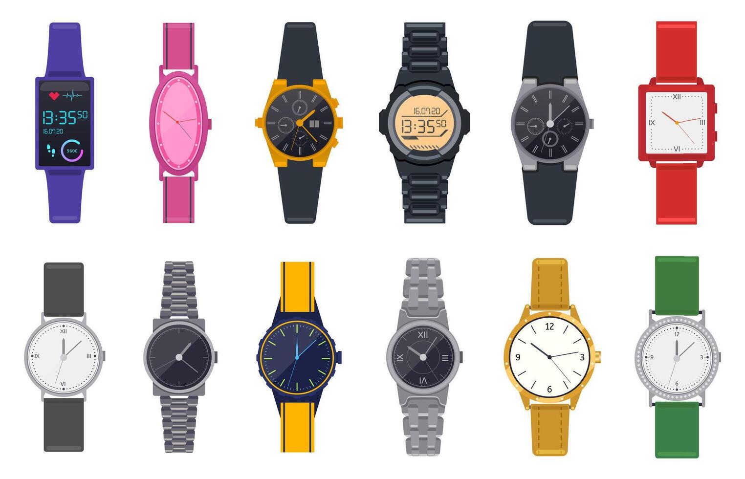 moderne montres. montre-bracelet, unisexe temps chronographe, montre intelligente, homme femme moderne et mode poignet horloges vecteur illustration Icônes ensemble