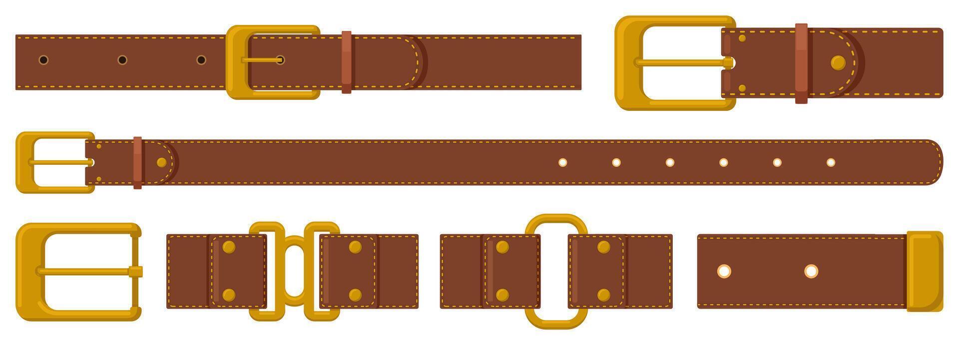 cuir cerclage. marron cuir ceintures avec acier boucles et métal raccords. mercerie cerclage accessoires vecteur illustration ensemble