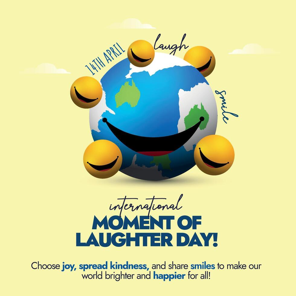 international moment de rire jour.14 avril monde rire journée fête bannière avec Terre globe ayant gros sourire et Jaune souriant emojis autour il. rire journée couverture bannière concept. vecteur