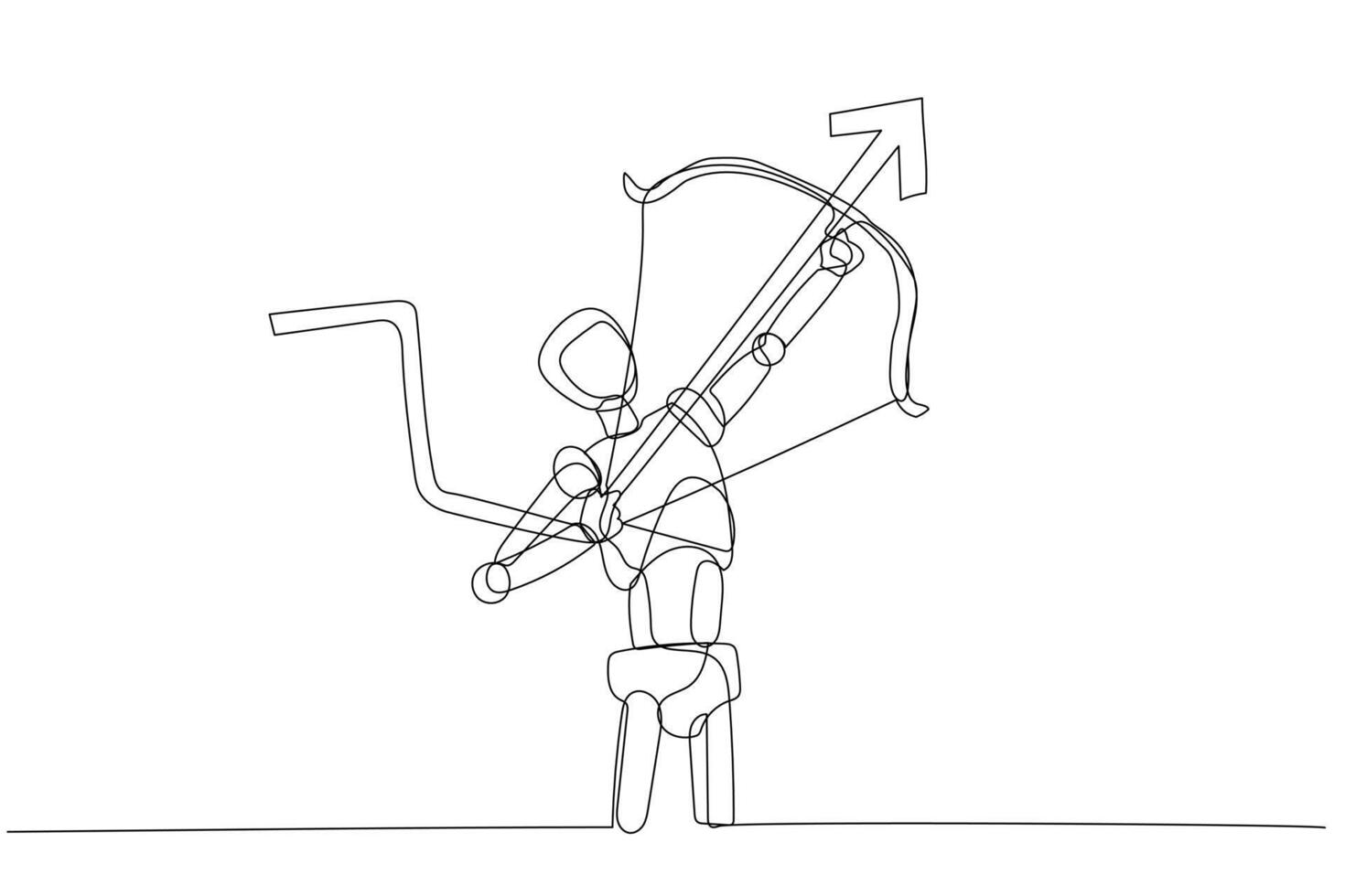 Facile ligne dessin de robot archer, tirant retour le chaîne de une arc et visée vers le haut mettant en valeur le tension et concentrer impliqué dans visée pour une objectif et objectif vecteur