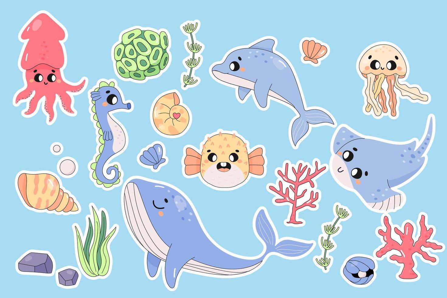 mignonne mer animaux, autocollant ensemble, sur blanc arrière-plan, fugu, baleine, dauphin, seiche, méduse. sous-marin monde. vecteur