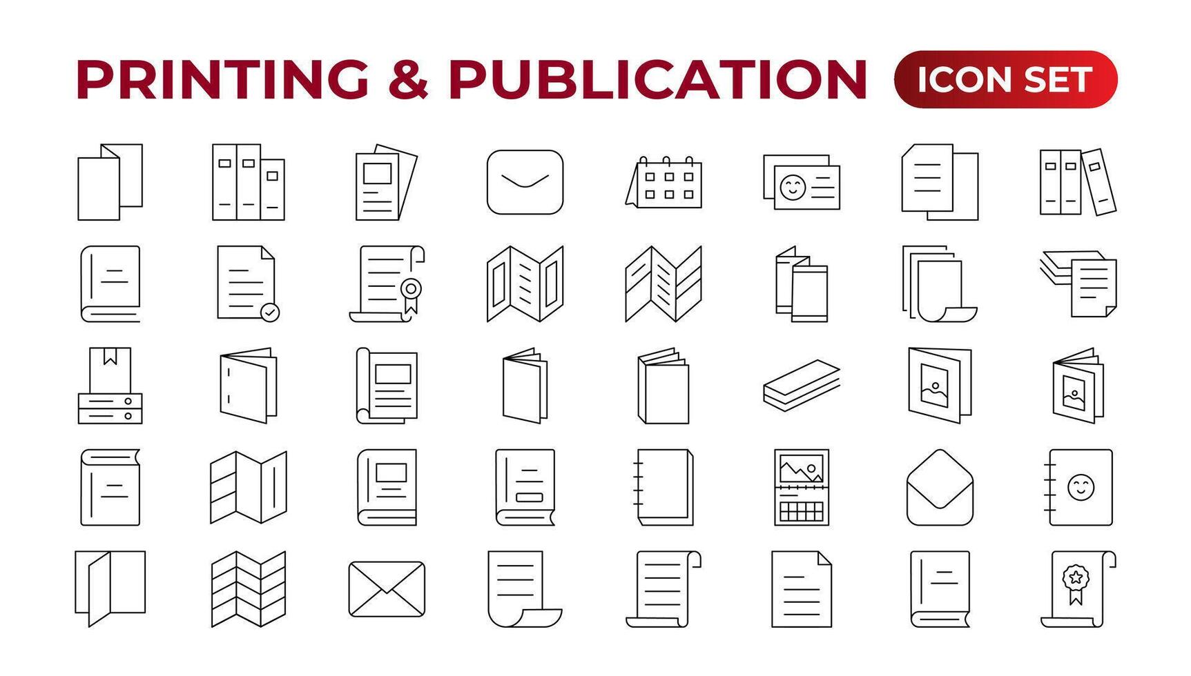 impression et publication icône ensemble. prospectus brochure ligne icône ensemble. en-tête de lettre, brochure, brochure, entreprise catalogue, et enveloppe icône ensemble. contour collection d'icônes. vecteur