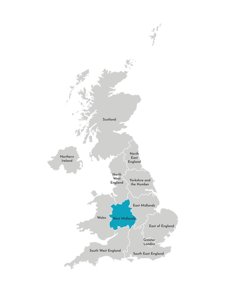 vecteur isolé illustration de simplifié administratif carte de le uni Royaume, Royaume-Uni. bleu forme de Ouest les Midlands. les frontières et des noms de le Régions. gris silhouettes. blanc contour.