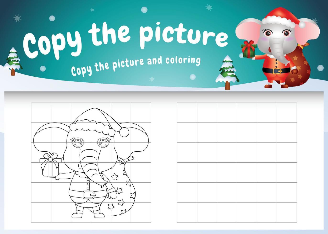 copiez le jeu d'enfants et la page à colorier avec un éléphant mignon utilisant le costume de père Noël vecteur