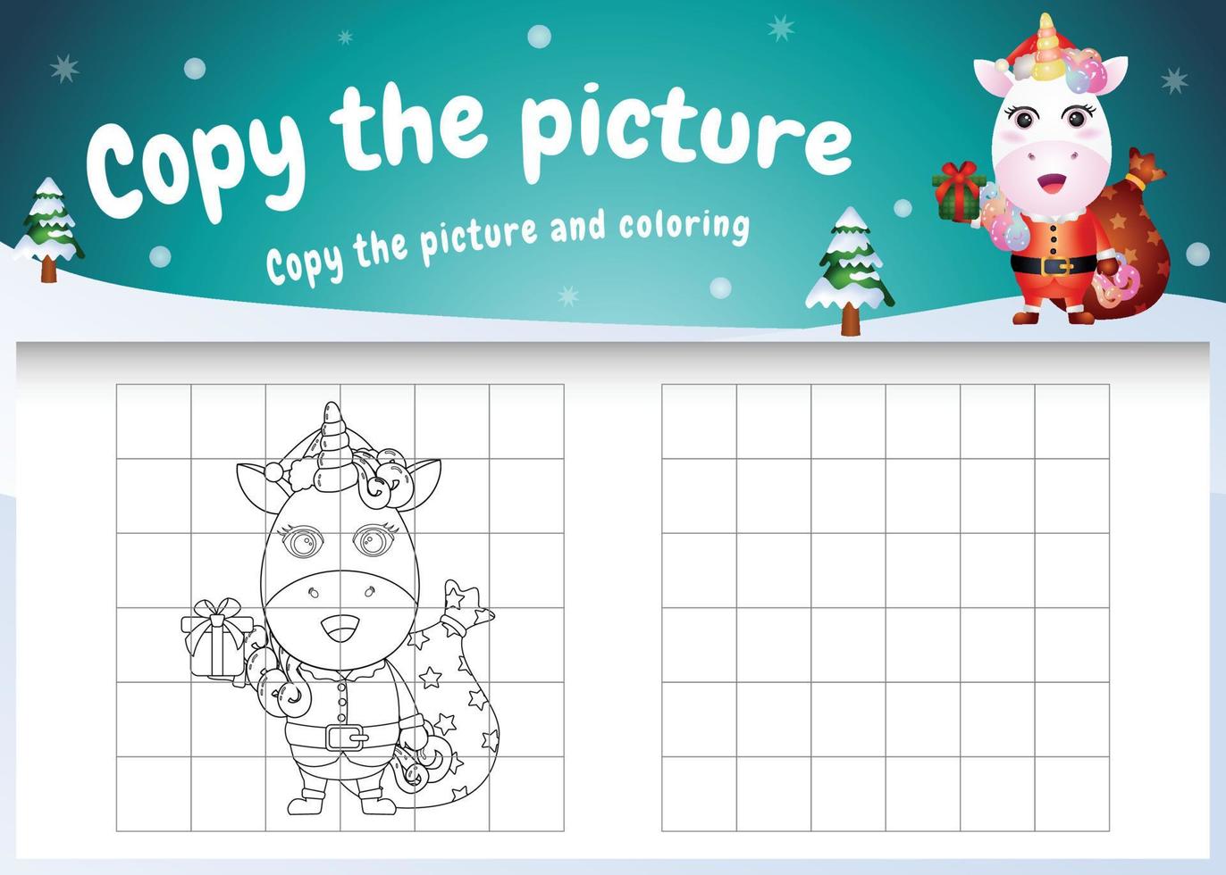 copiez le jeu d'enfants et la page à colorier avec une jolie licorne utilisant le costume de père Noël vecteur