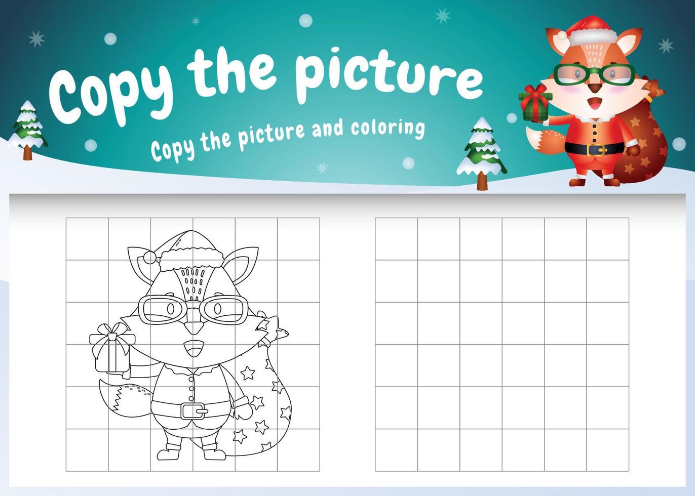 copiez le jeu d'enfants et la page à colorier avec un renard mignon utilisant le costume de père Noël vecteur