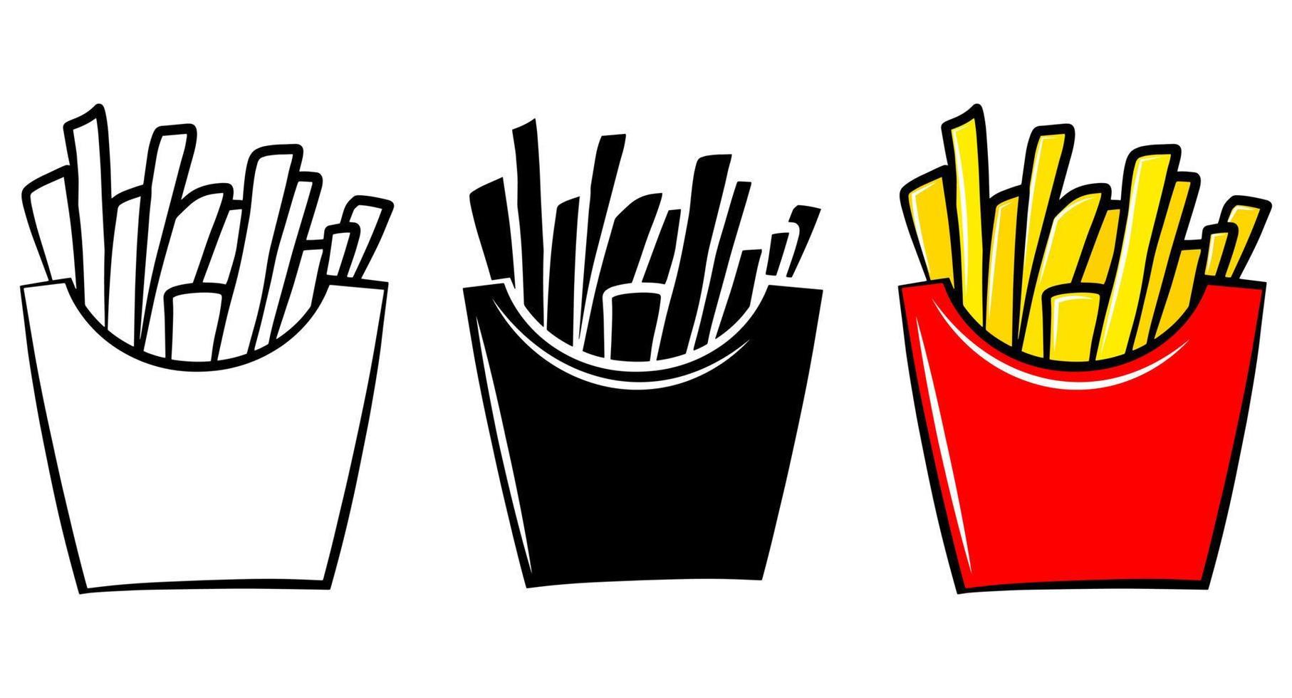 Ensemble d'icônes isolées de pommes de terre frites. illustration linéaire vectorielle. élément de conception de paquet de logo. emblème de griffonnage simple. impression graphique. vecteur