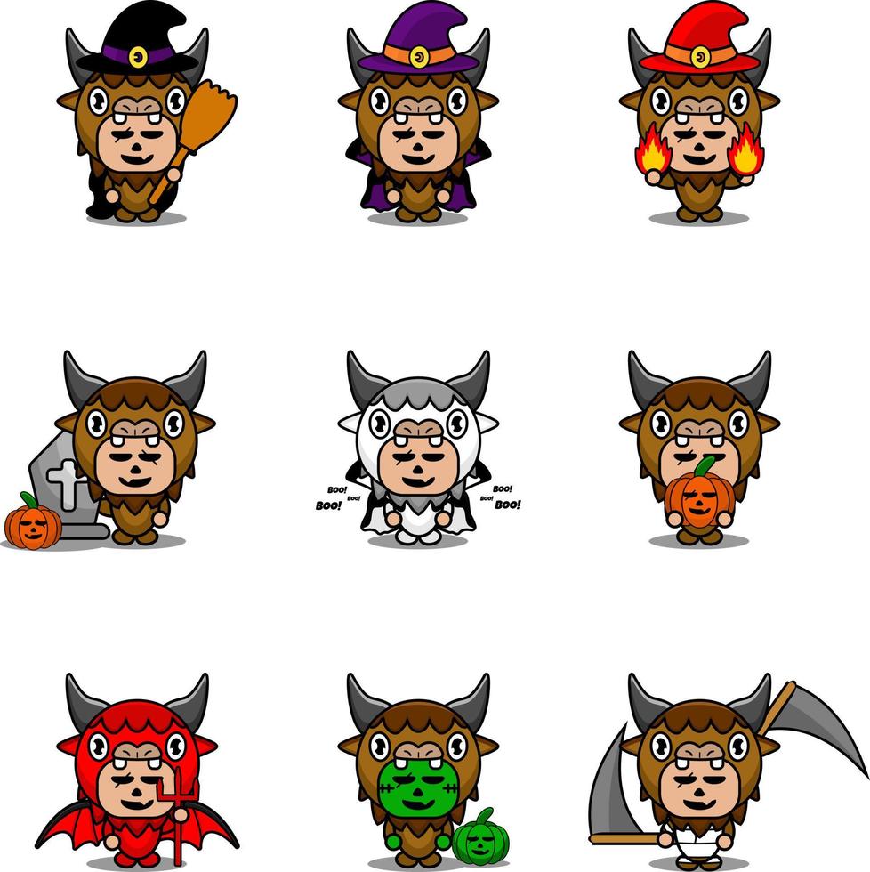 personnage de dessin animé de vecteur costume de mascotte animal bison mignon mis paquet halloween