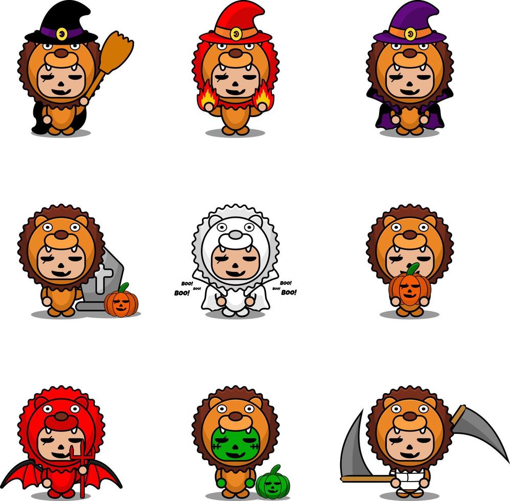 personnage de dessin animé de vecteur costume de mascotte animal lion mignon mis paquet halloween
