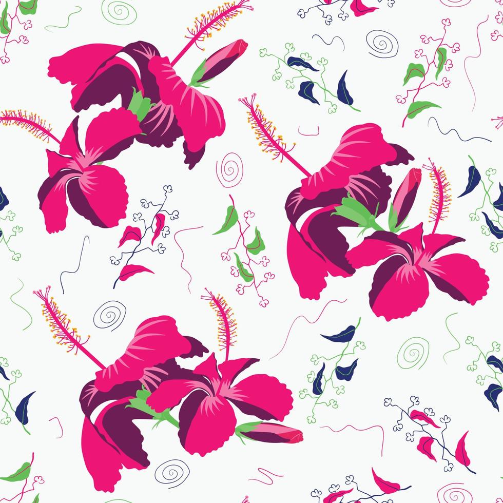 hibisco rose mauve allover image répétée avec des couleurs magenta exotiques lobées, jardin de tiges. meilleur pour le revêtement mural, la tapisserie d'ameublement, le livre, la couverture. vecteur