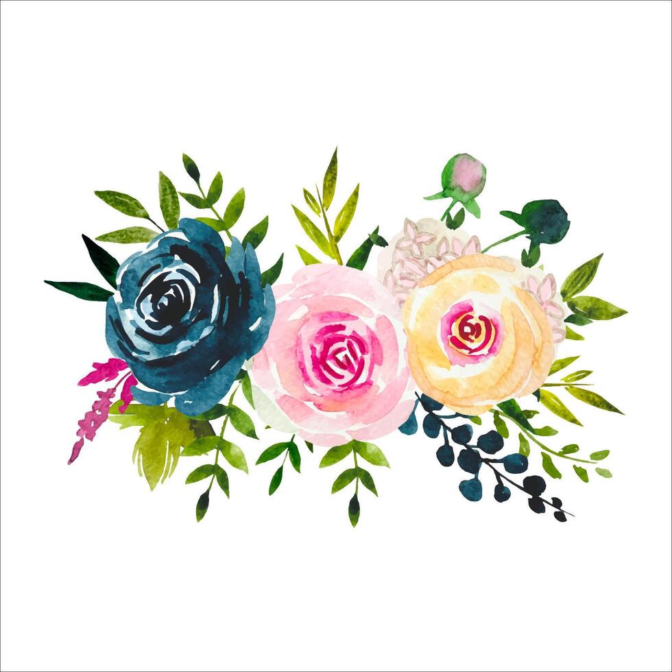 aquarelle floral bouquet, indigo et rougir des roses. été composition vecteur