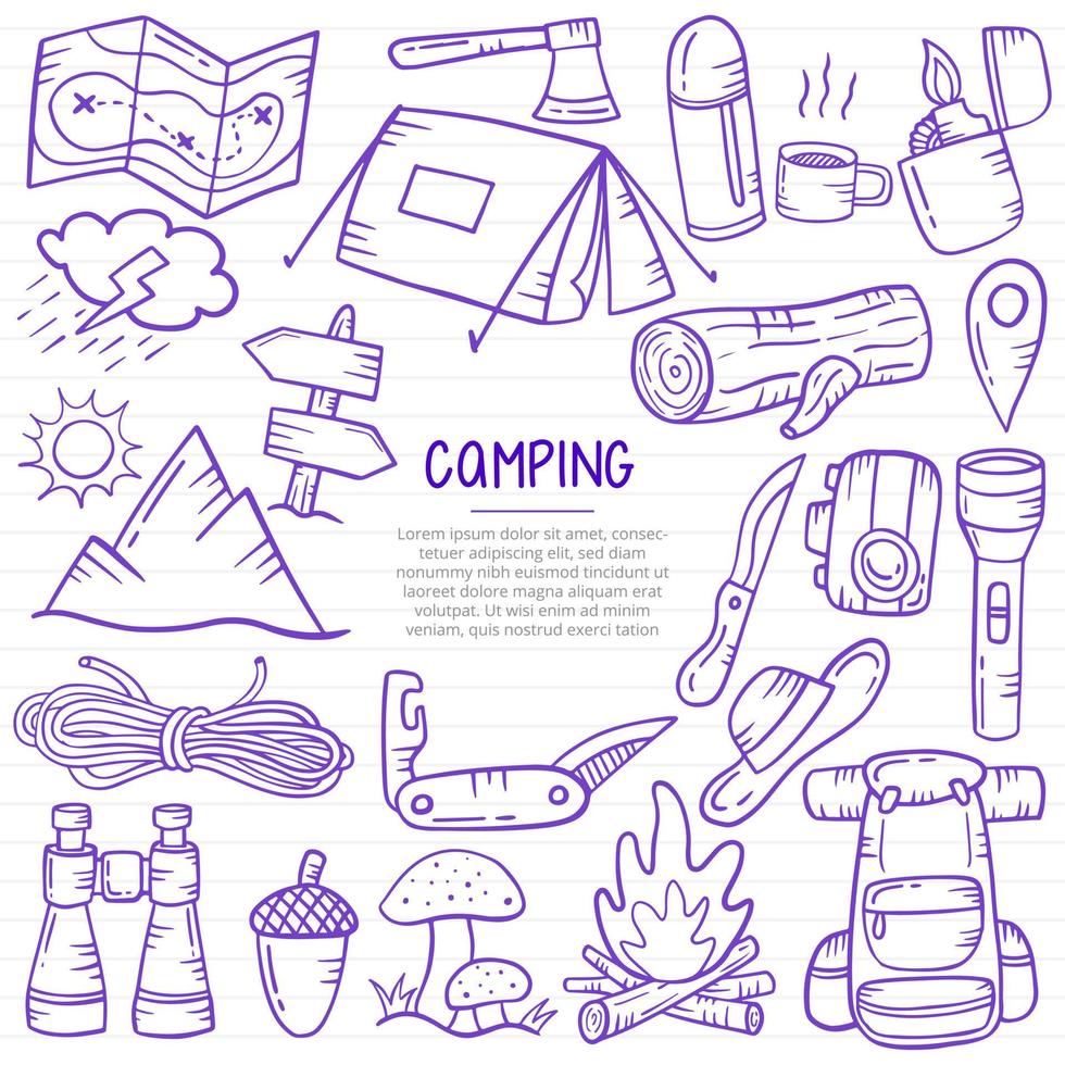 camping en plein air doodle dessinés à la main avec un style de contour sur la ligne de livres en papier vecteur